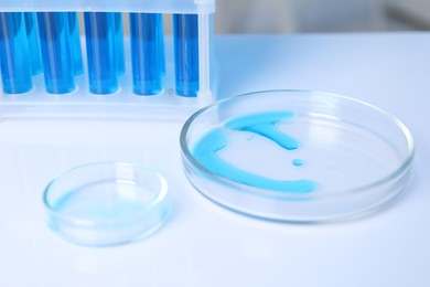 Photo of Laboratory analysis. Test tubes and petri dishes with blue liquid on white table, closeup