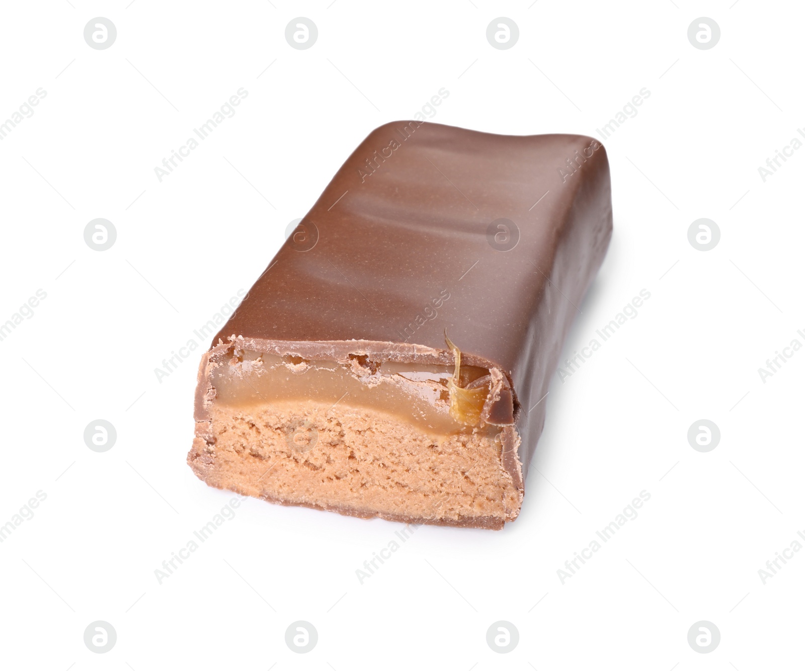 Photo of Piece of tasty chocolate bar with nougat isolated on white