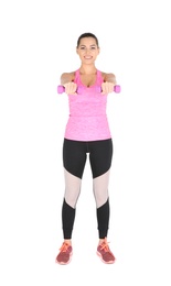 Photo of Young beautiful woman with dumbbells doing exercise on white background. Home fitness