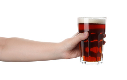 Woman with delicious kvass on white background, closeup