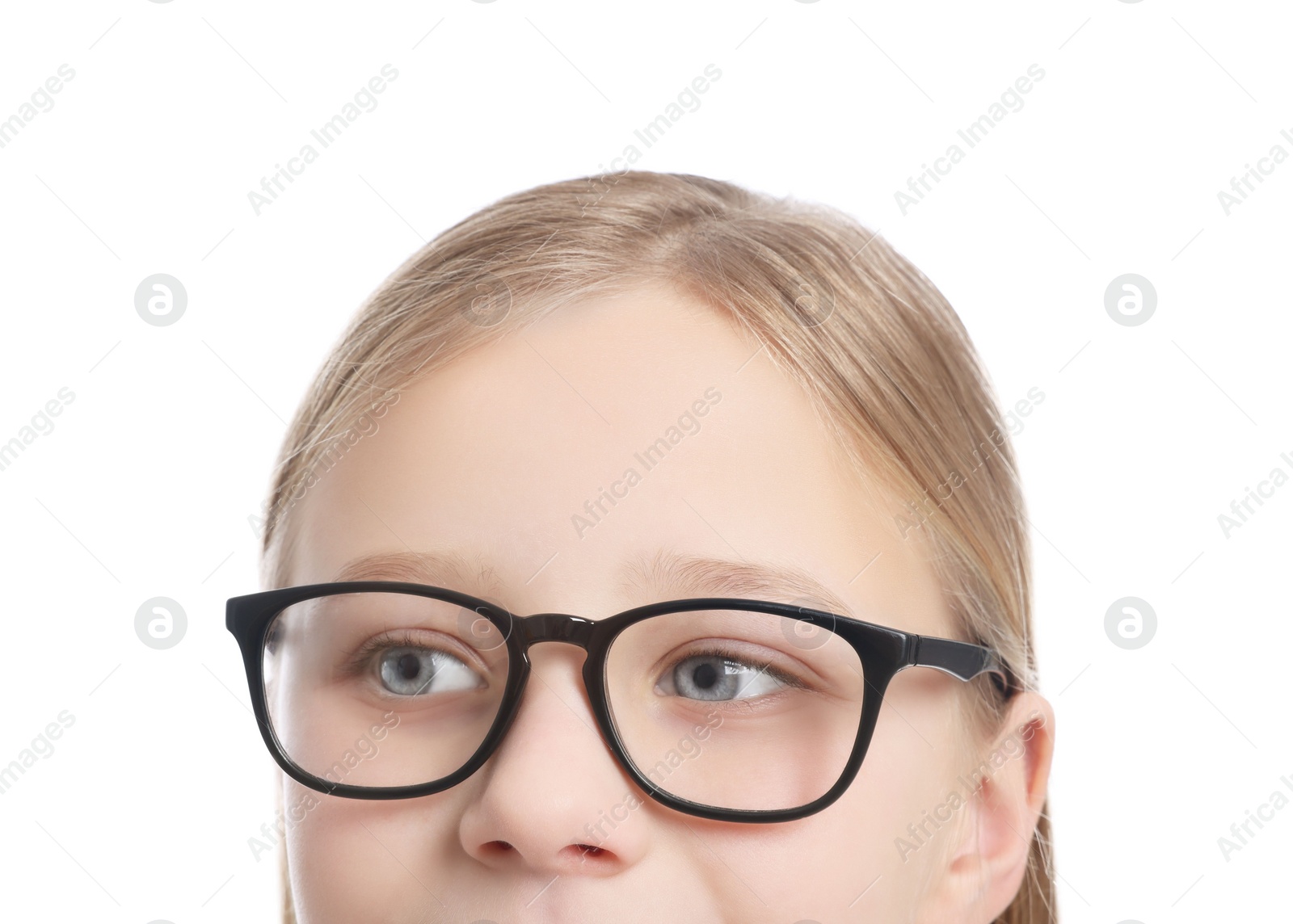 Photo of Cute girl in glasses on white background, closeup