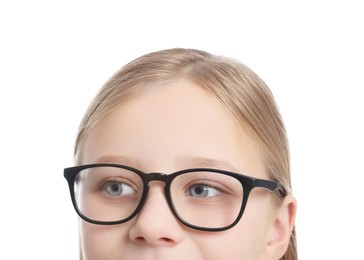Cute girl in glasses on white background, closeup