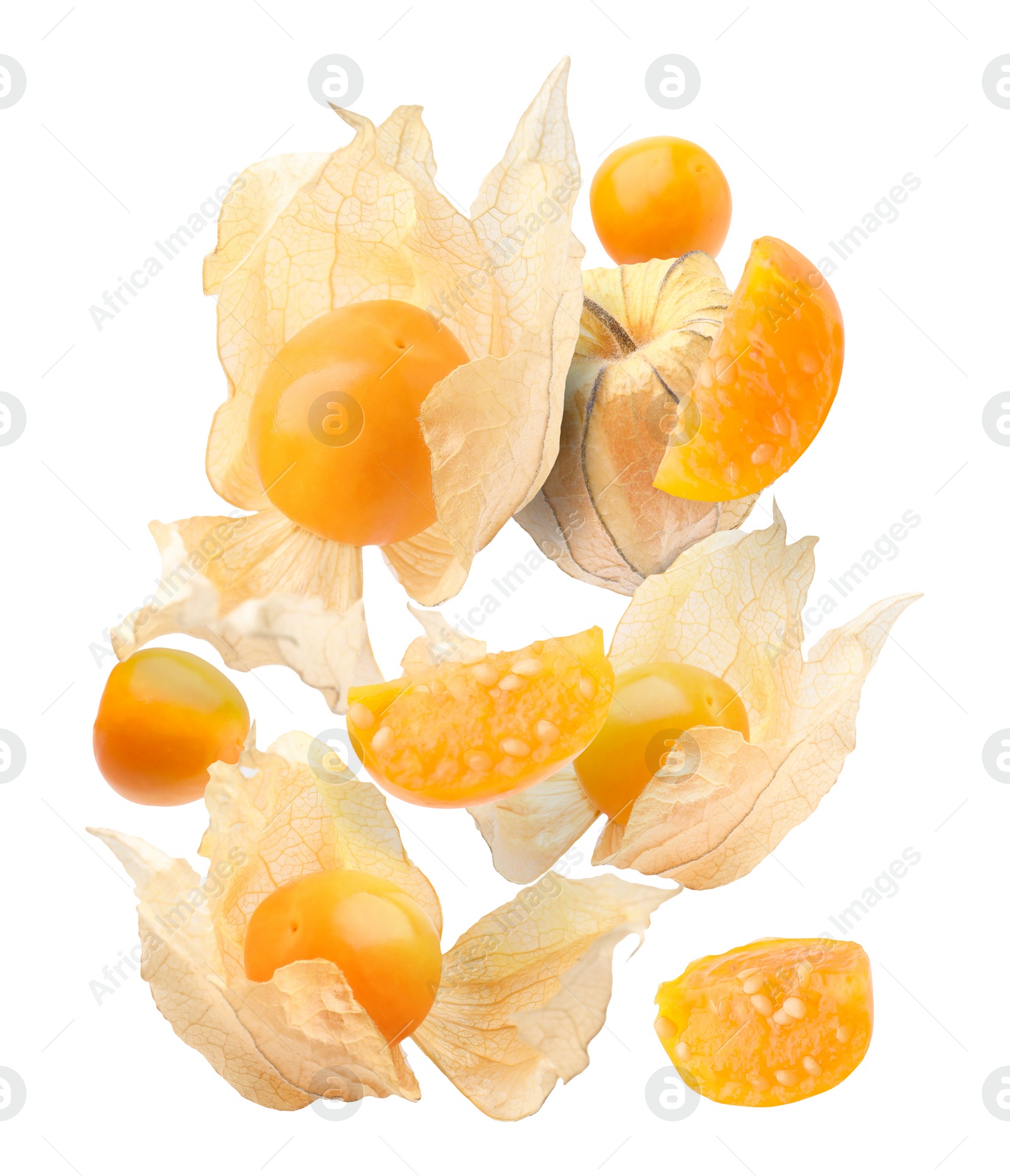 Image of Ripe orange physalis fruits with calyx falling on white background