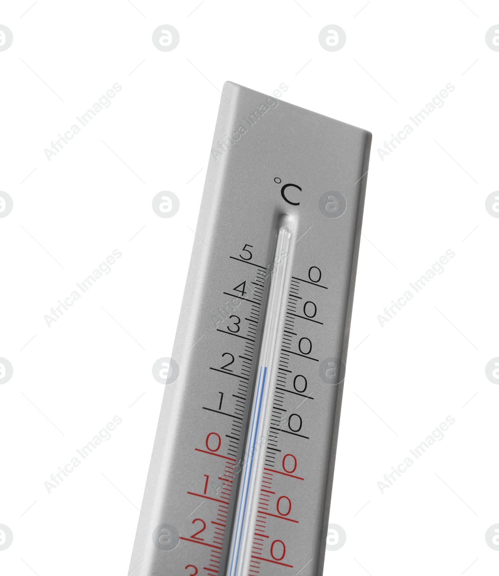 Photo of Modern grey weather thermometer on white background