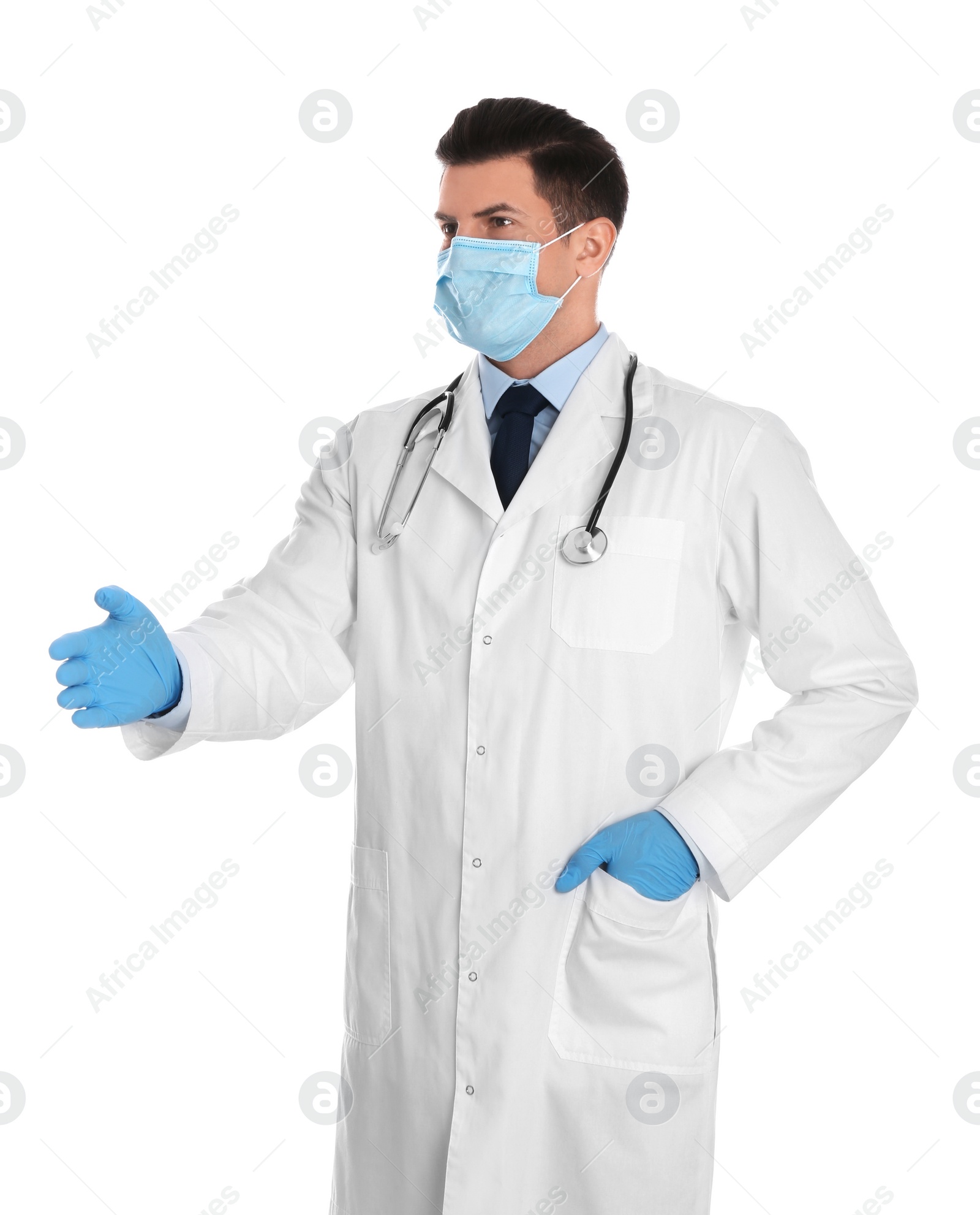 Photo of Doctor in protective mask and gloves offering handshake on white background