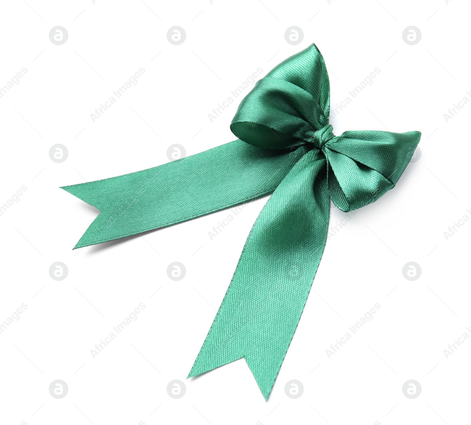 Photo of Green satin ribbon bow isolated on white, top view