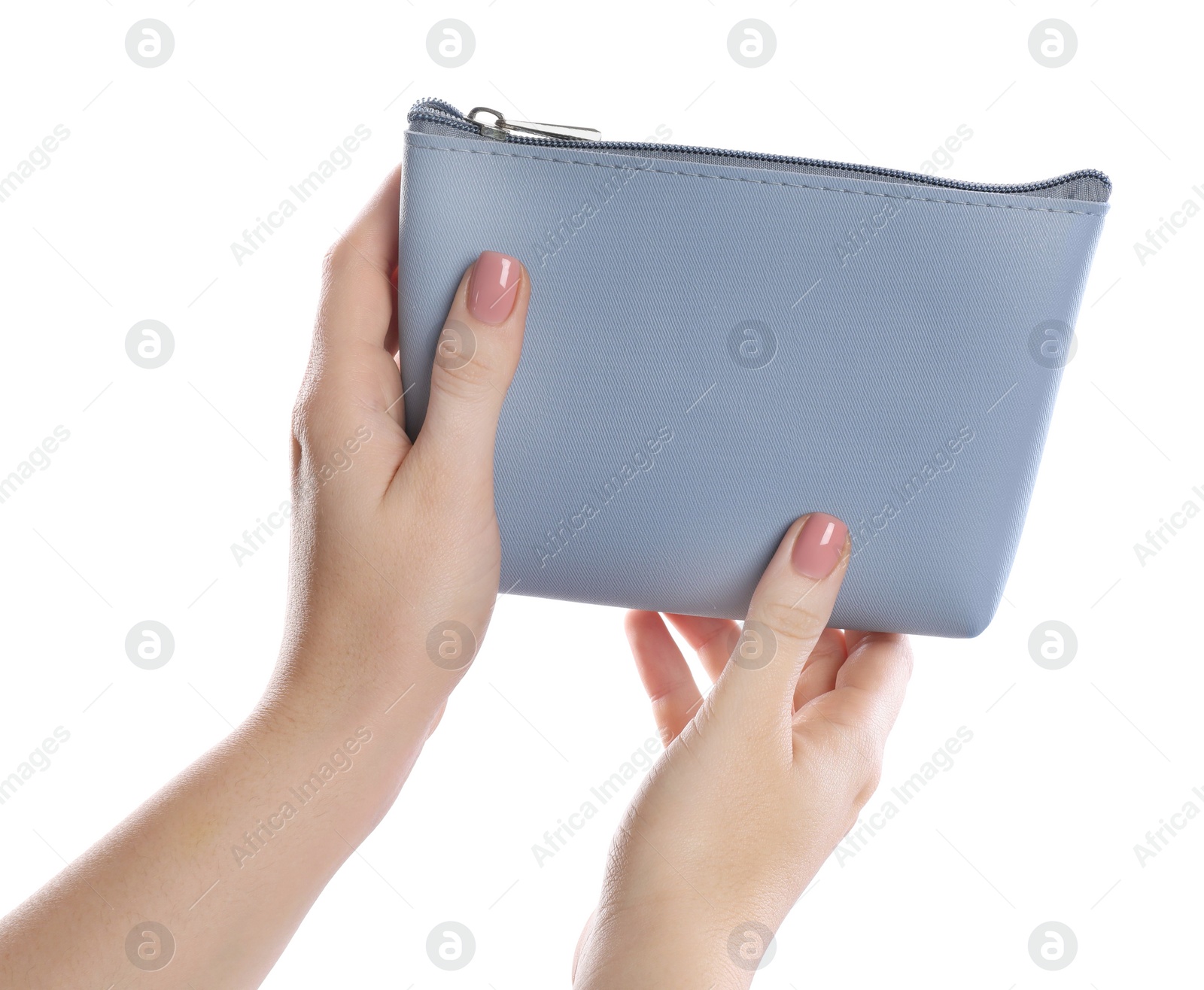 Photo of Woman with cosmetic bag isolated on white, closeup