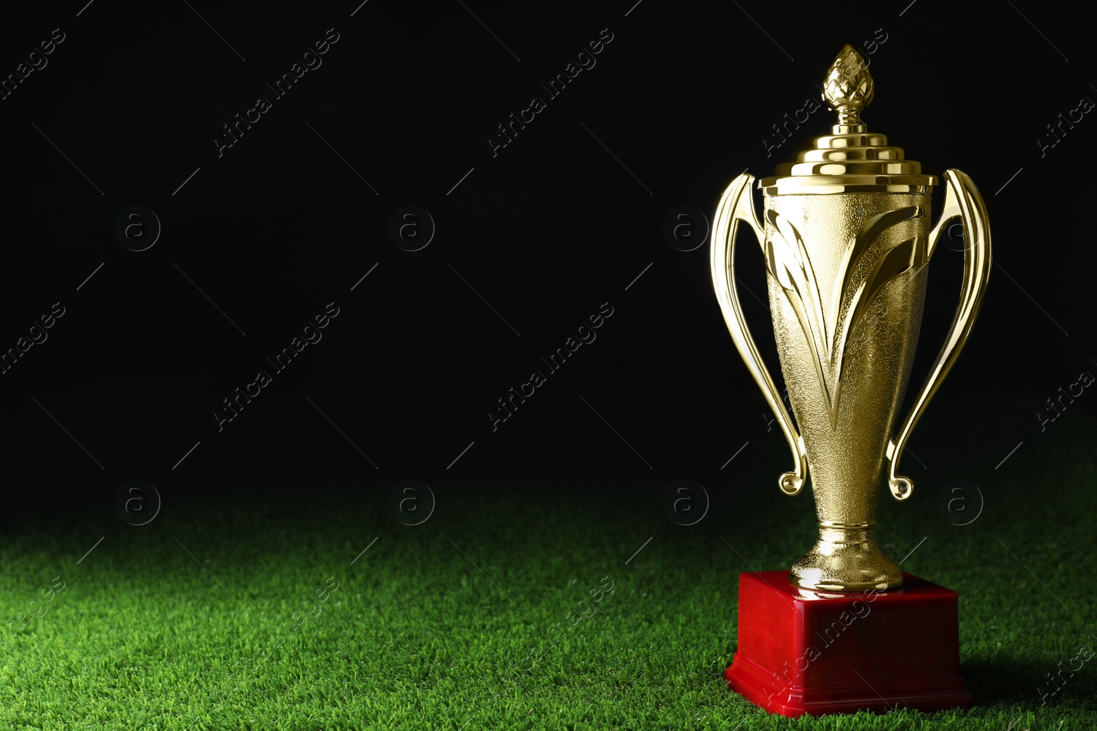 Photo of Golden trophy cup on green grass against black background. Space for text