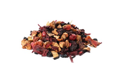 Photo of Pile of dried herbal tea leaves with fruits on white background