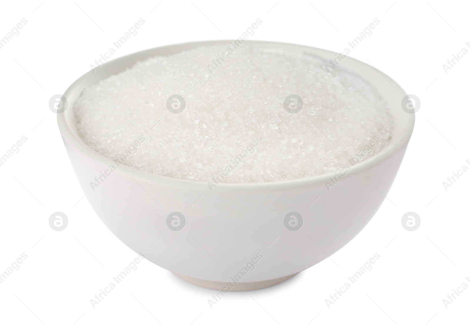 Photo of Granulated sugar in bowl isolated on white