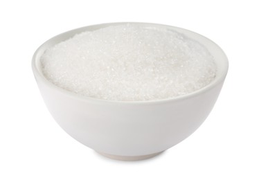 Photo of Granulated sugar in bowl isolated on white