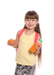 Photo of Schoolgirl with healthy food and backpack on white background