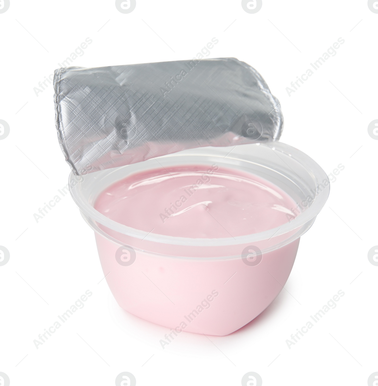 Photo of Plastic cup with creamy yogurt on white background