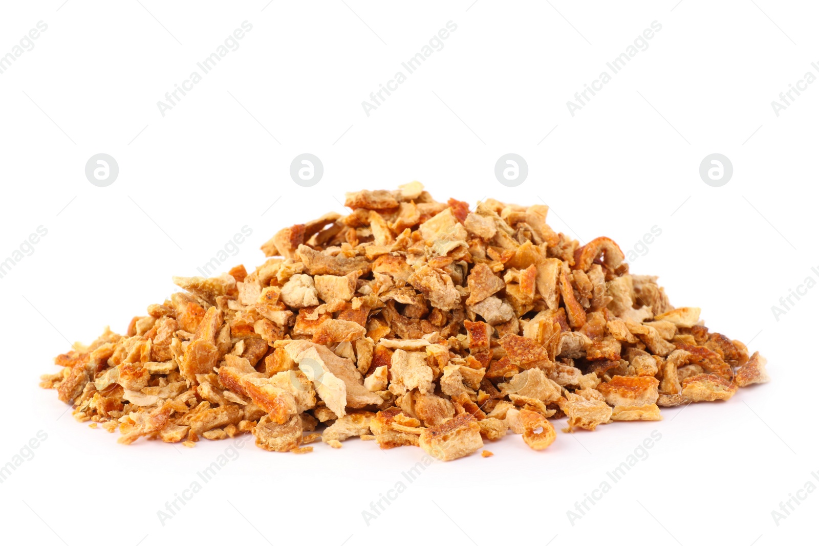 Photo of Pile of dried orange zest seasoning isolated on white