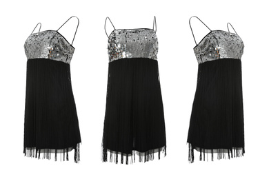 Set of beautiful short black party dresses with paillettes from different views on white background