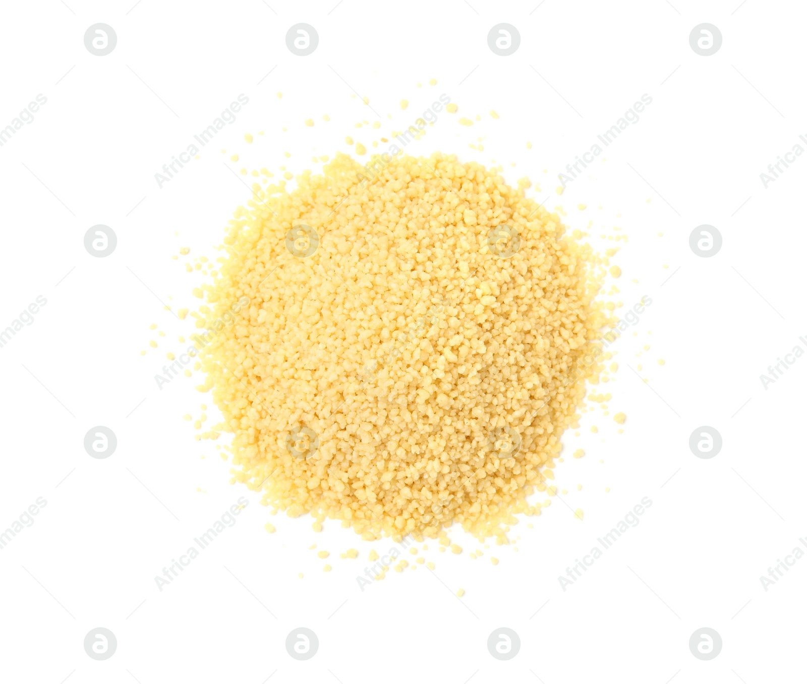 Photo of Pile of raw couscous isolated on white, top view