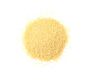 Photo of Pile of raw couscous isolated on white, top view