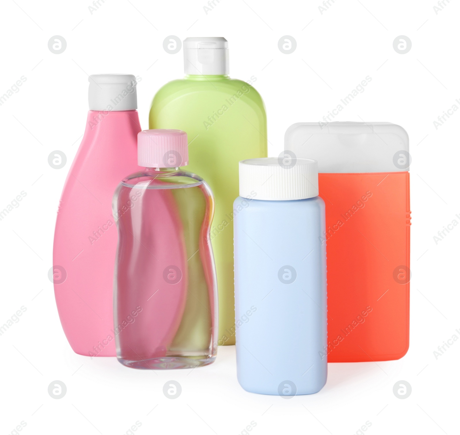 Photo of Bottles of baby cosmetic products on white background