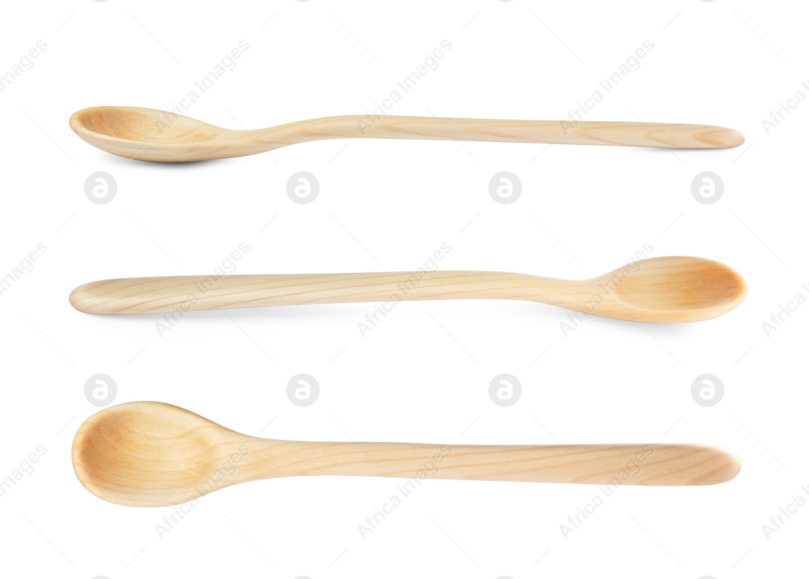 Image of Wooden spoons on white background, collage. Cooking utensil