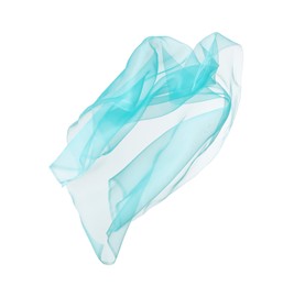 Beautiful turquoise tulle fabric flying on white background