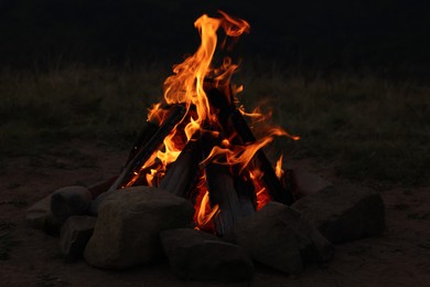 Photo of Beautiful bonfire with burning firewood outdoors at night. Camping season