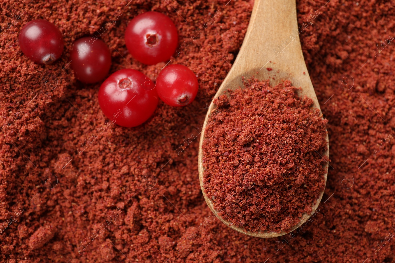 Photo of One wooden spoon and fresh berries on cranberry powder, top view