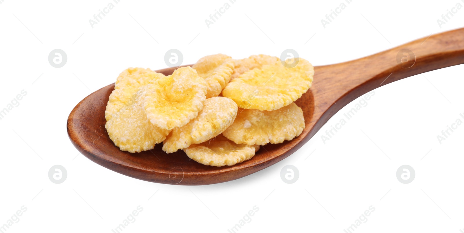 Photo of Wooden spoon with tasty corn flakes on white background, closeup