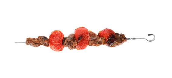 Metal skewer with delicious meat and tomato on white background, top view