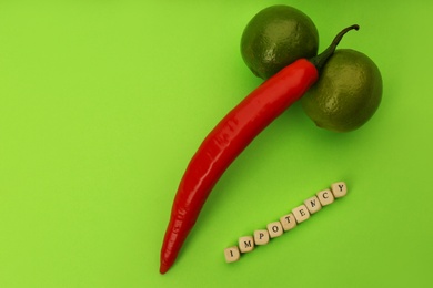 Products symbolizing male sexual organ and word IMPOTENCY on green background, flat lay