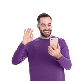 Photo of Man using mobile phone for video chat isolated on white