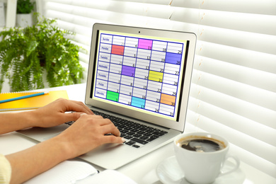 Young woman using calendar app on laptop in office, closeup