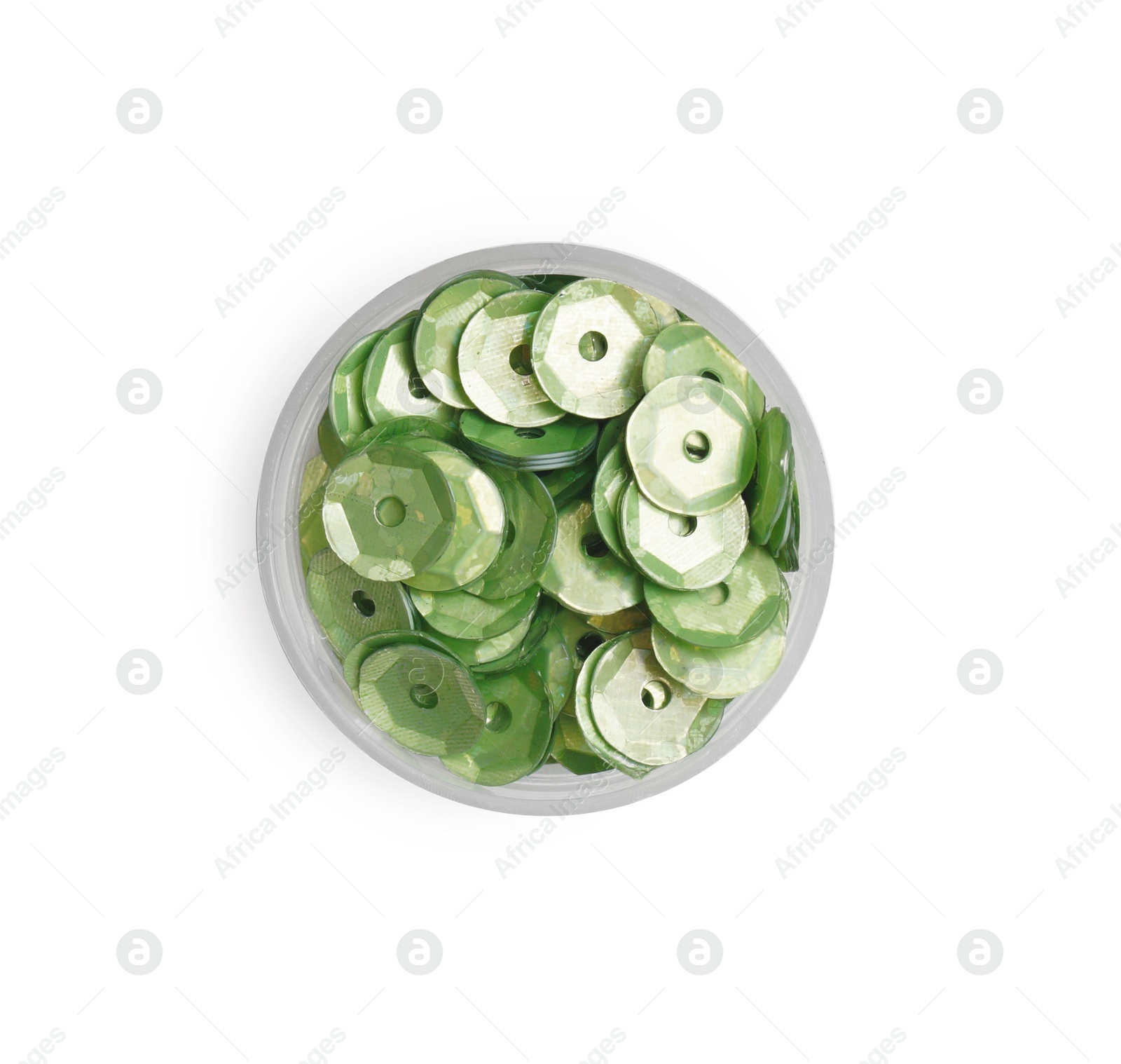 Photo of Green sequins in container isolated on white, top view