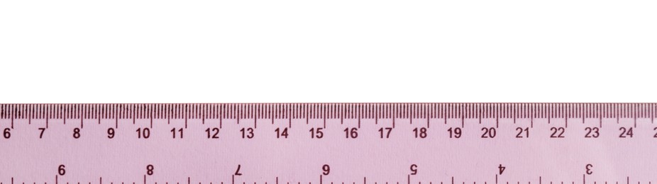 Photo of Ruler with measuring length markings in centimeters isolated on white, top view