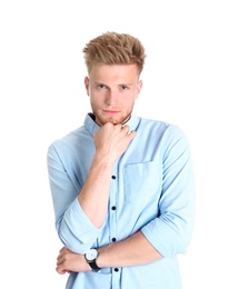 Photo of Portrait of handsome young man on white background