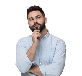 Photo of Portrait of young man with mustache on white background