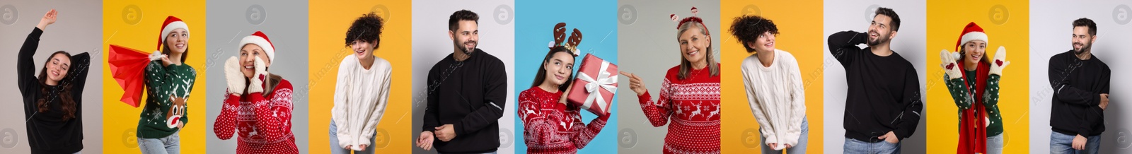 Image of People in warm sweaters on color backgrounds, set of photos