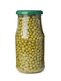 Photo of Glass jar with pickled green peas isolated on white