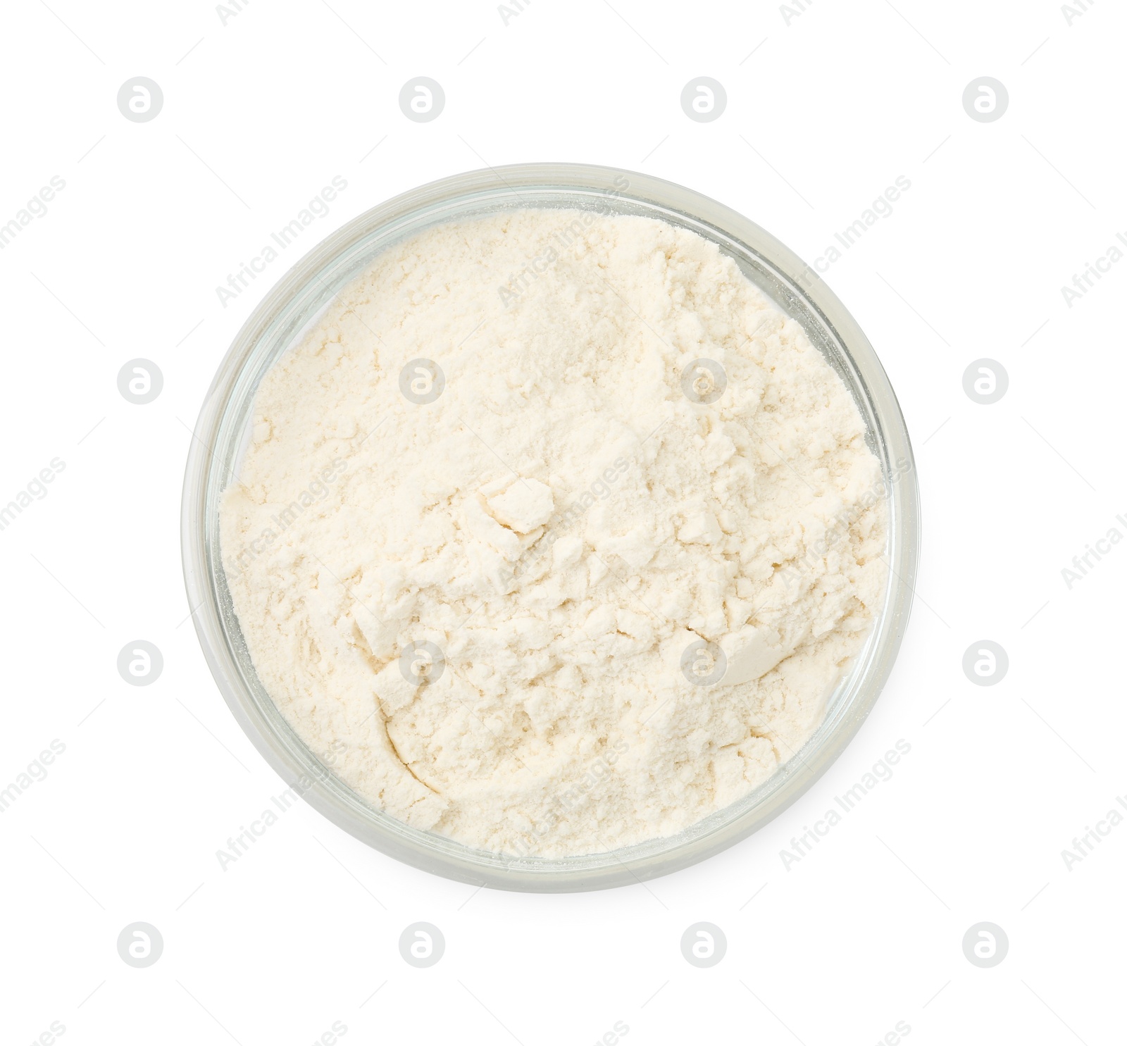 Photo of Baking powder in bowl isolated on white, top view