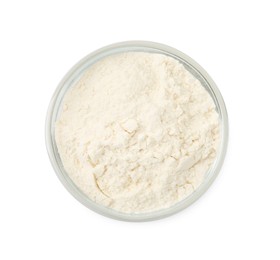 Photo of Baking powder in bowl isolated on white, top view