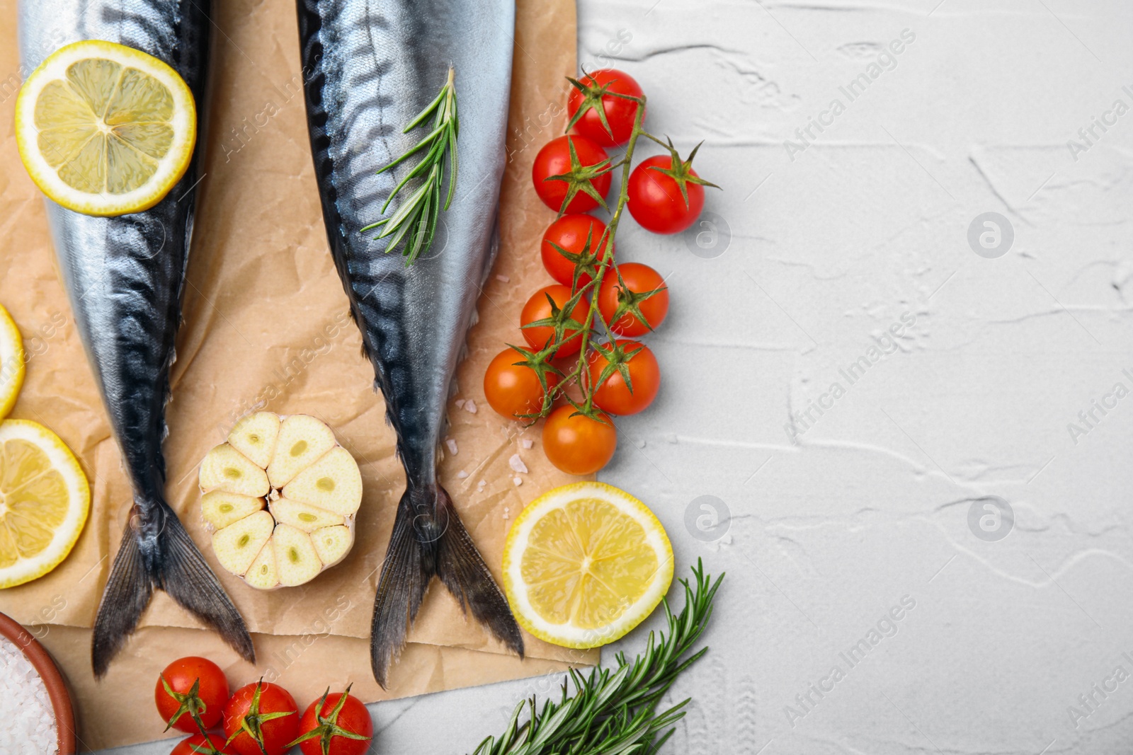 Photo of Tasty raw mackerel and ingredients on white textured table, flat lay. Space for text