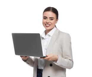 Photo of Happy woman with laptop on white background