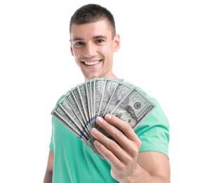 Photo of Handsome young man with dollars on white background