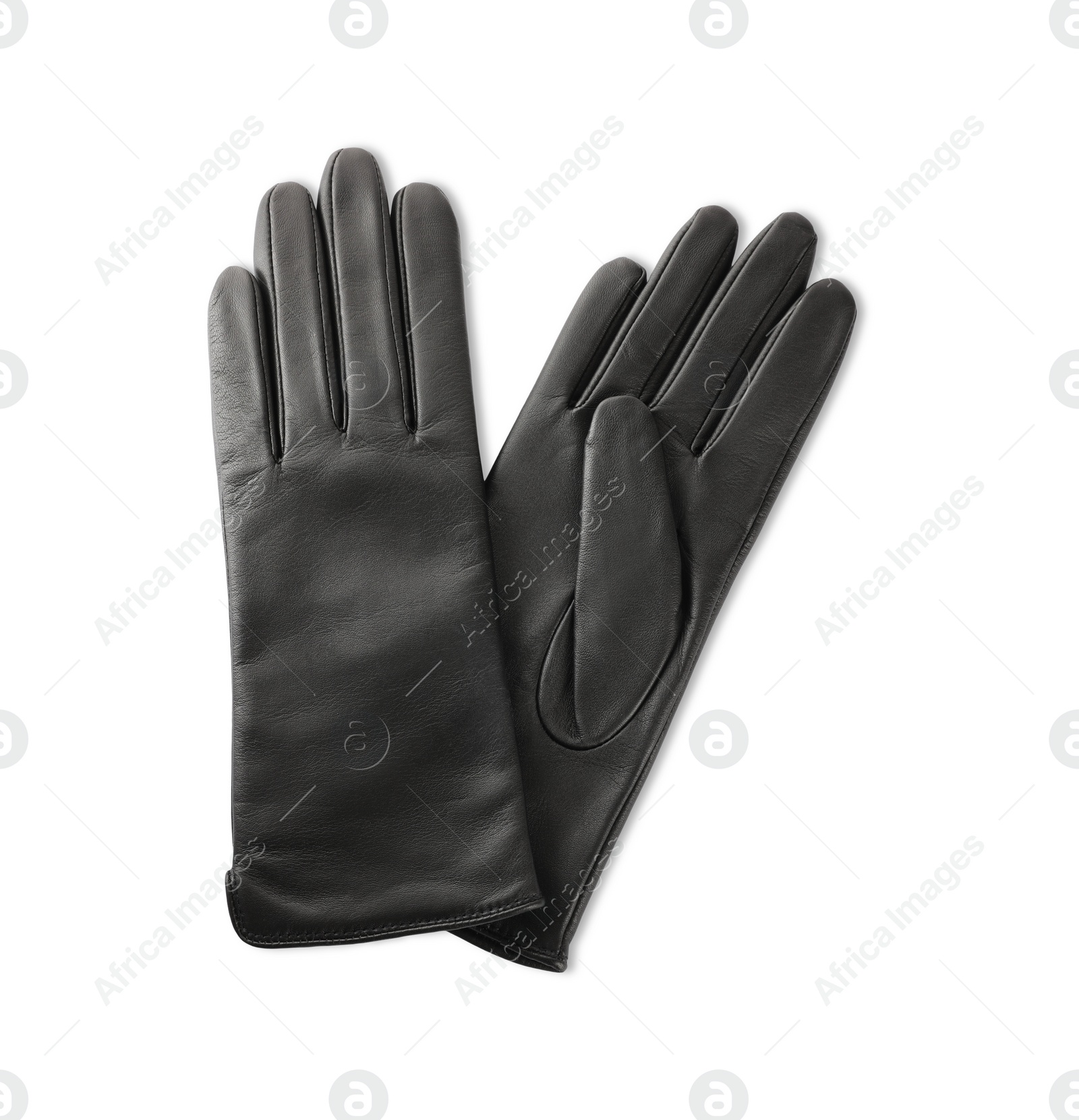 Photo of Stylish black leather gloves on white background, top view