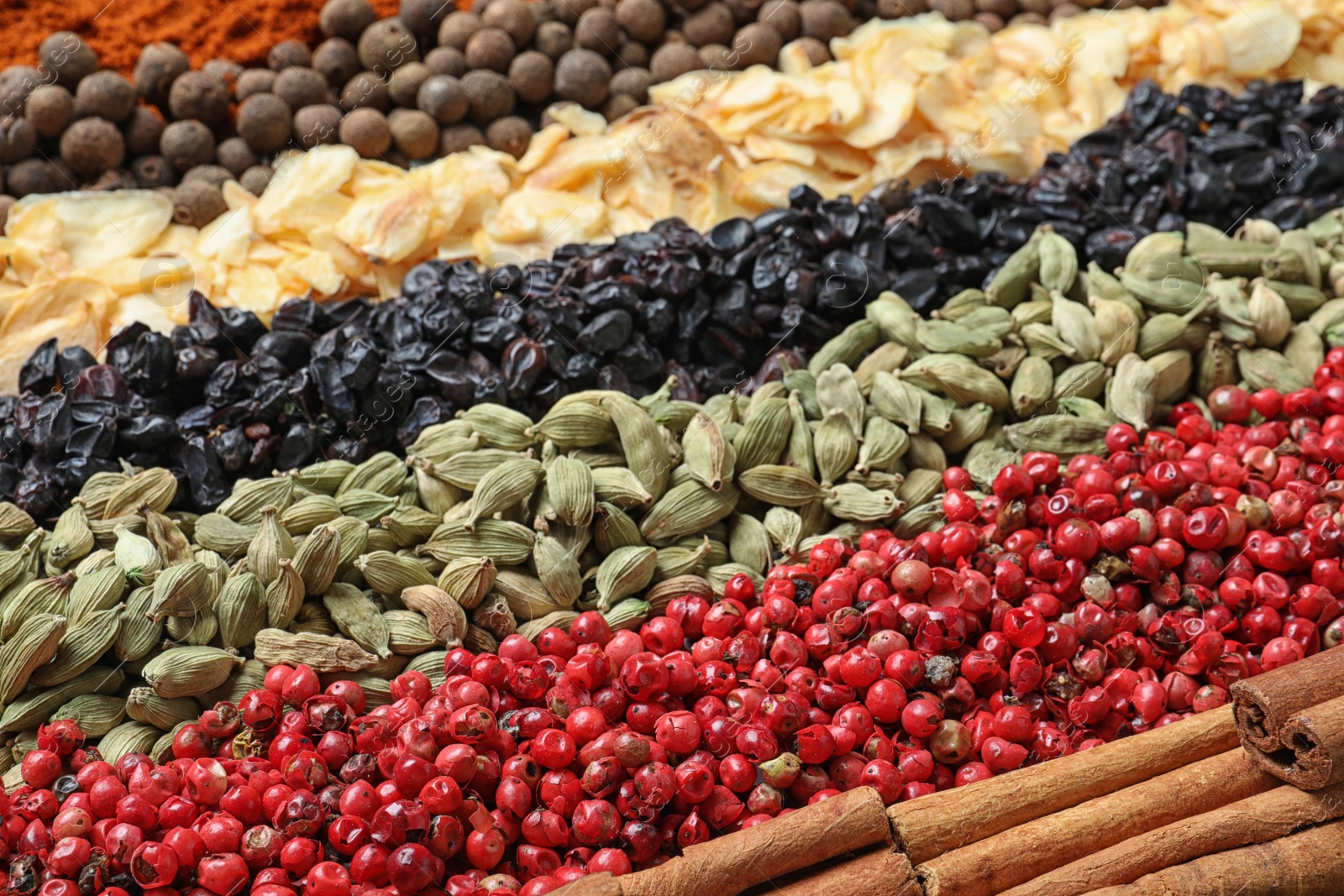 Photo of Set of different spices as background, closeup