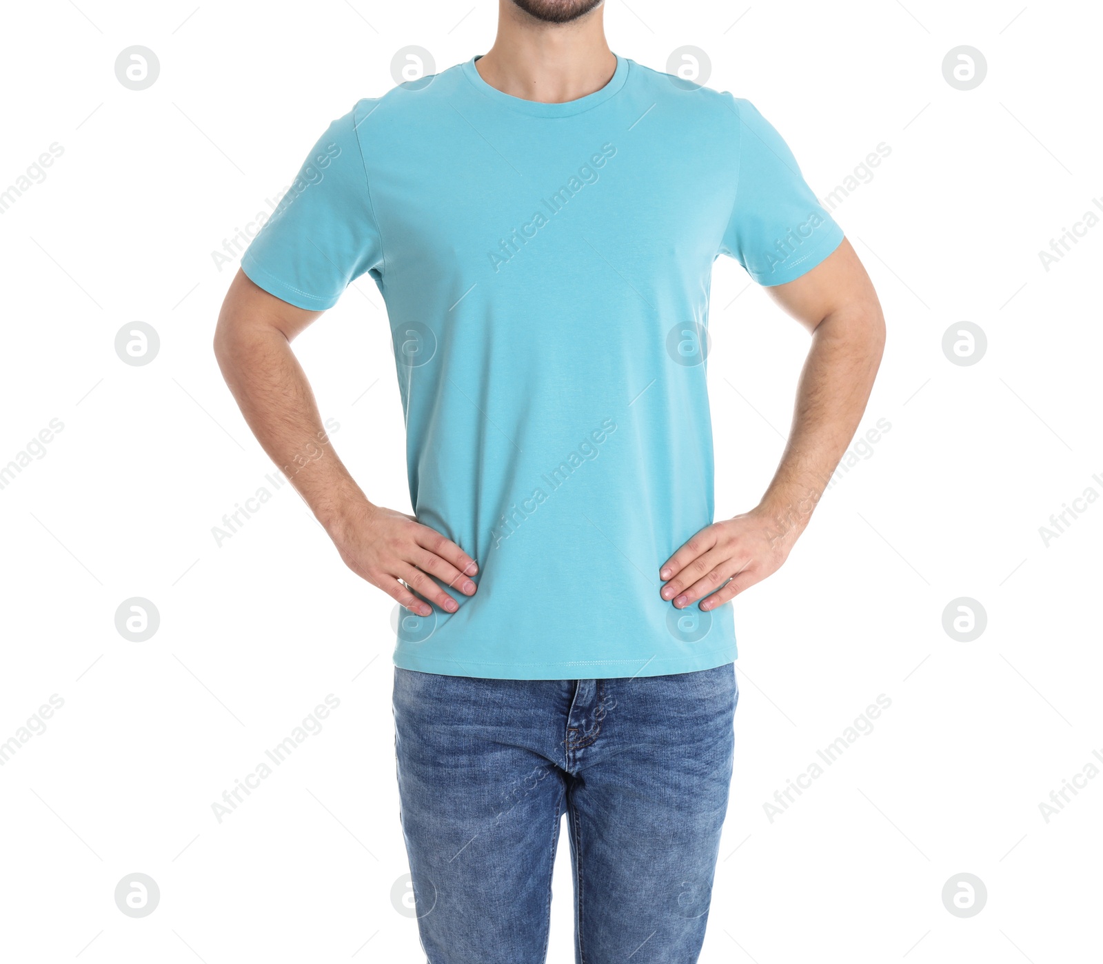 Photo of Young man on white background, closeup. Weight loss