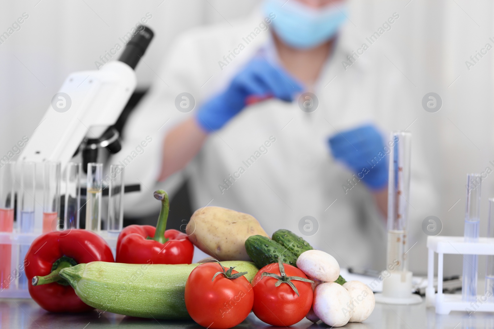 Photo of Fresh vegetables on table in laboratory. Food quality control