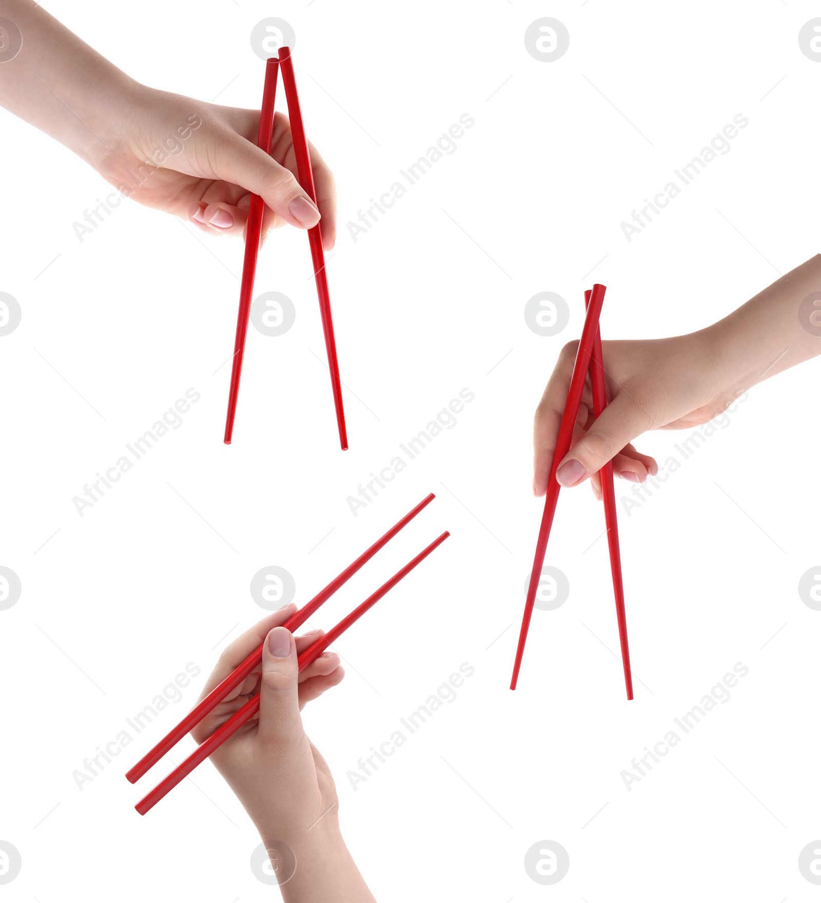 Image of Woman holding chopsticks isolated on white, closeup. Collage with photos