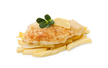 Photo of Tasty fish in soda water batter, greens, lemon slice and potato chips isolated on white