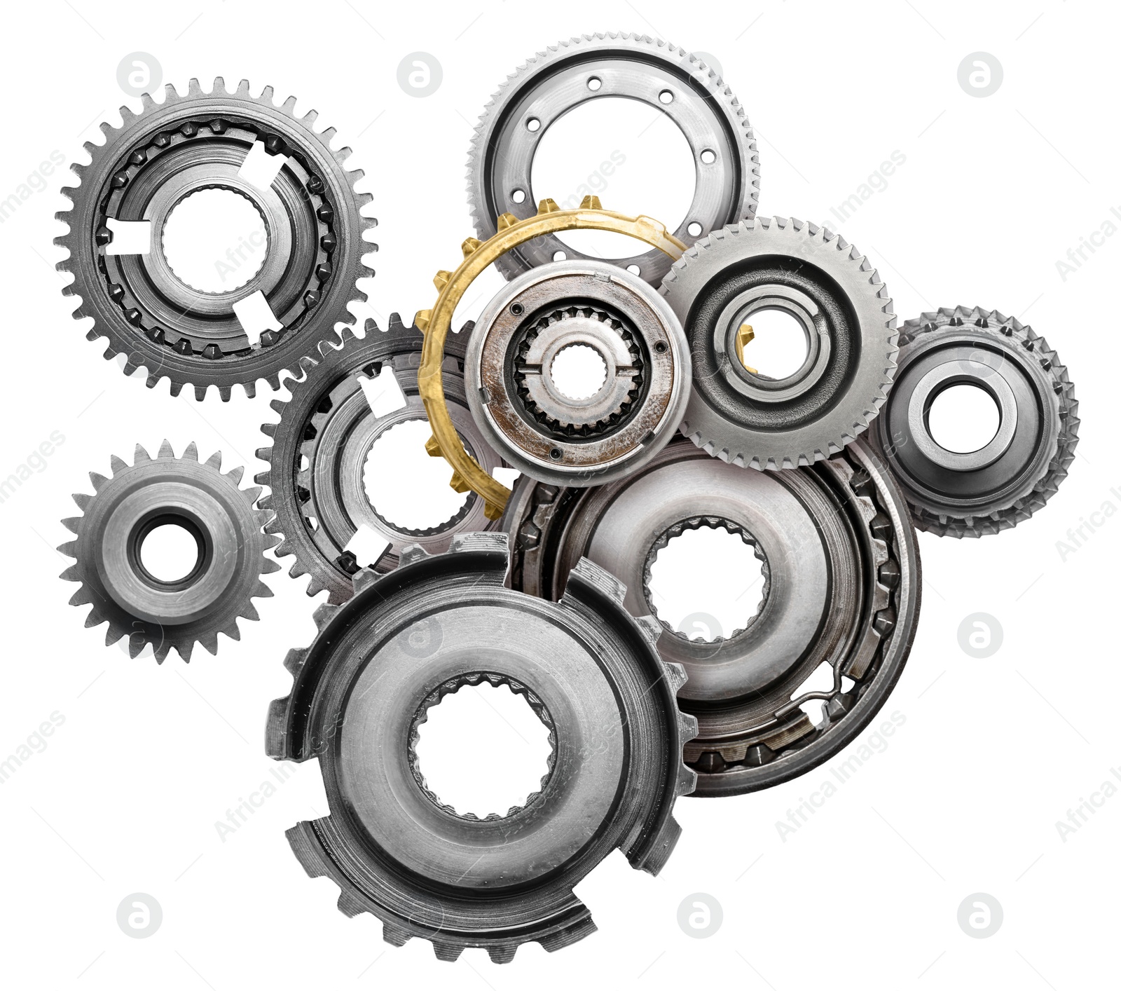 Image of Set with different stainless steel gears on white background, top view