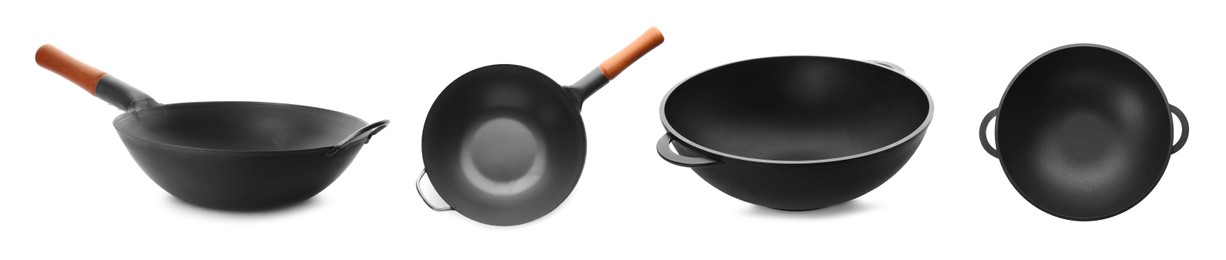 Image of Set with empty woks on white background. Banner design